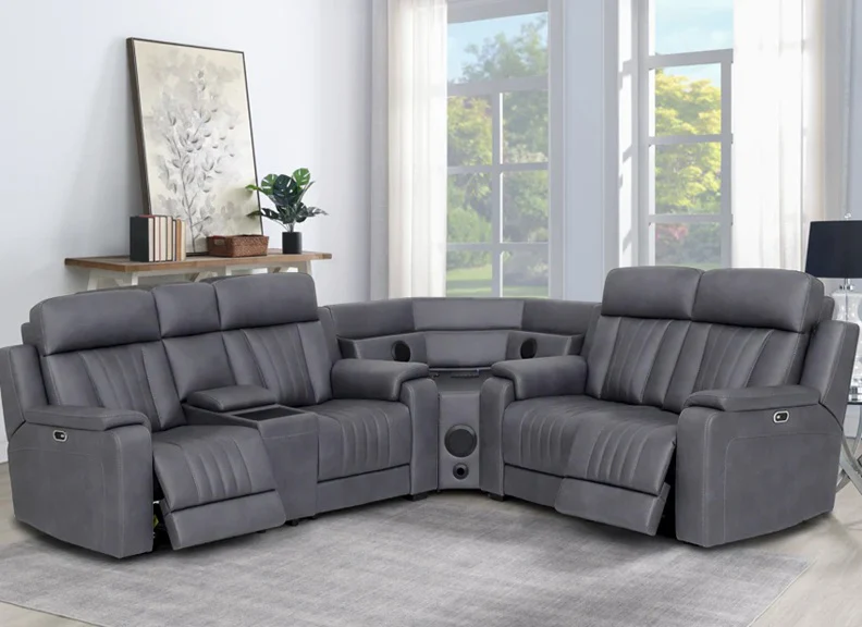 Angelo Grey Powered Reclining Sectional Sofa – Inbuilt Speakers with USB Charging - Image 2