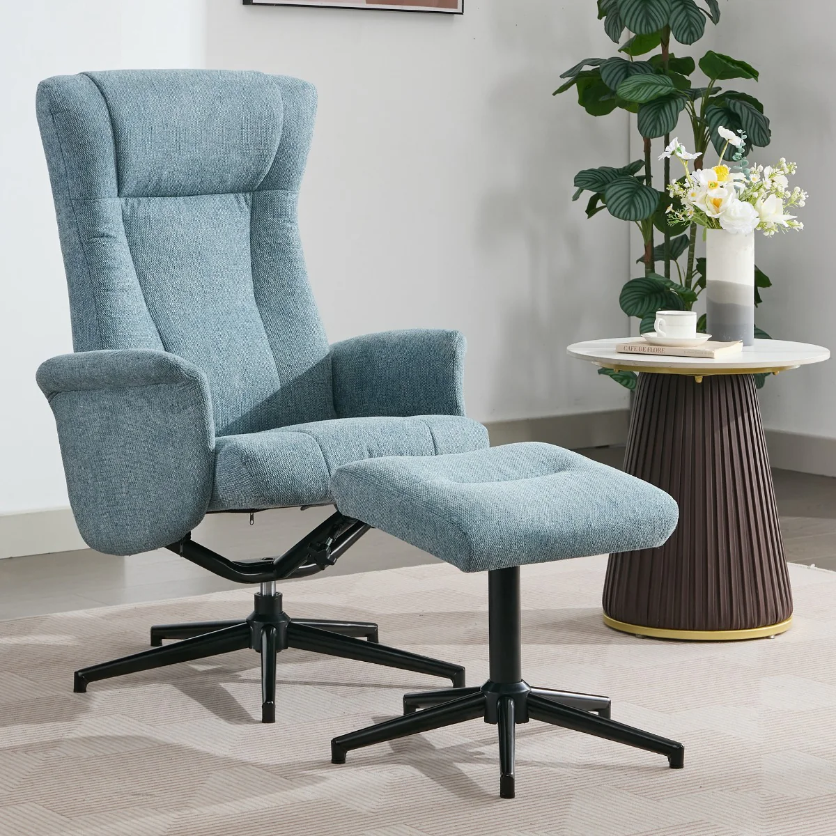Apero TV Chair & Stool – Ice Blue Fabric with Push-Back Recliner