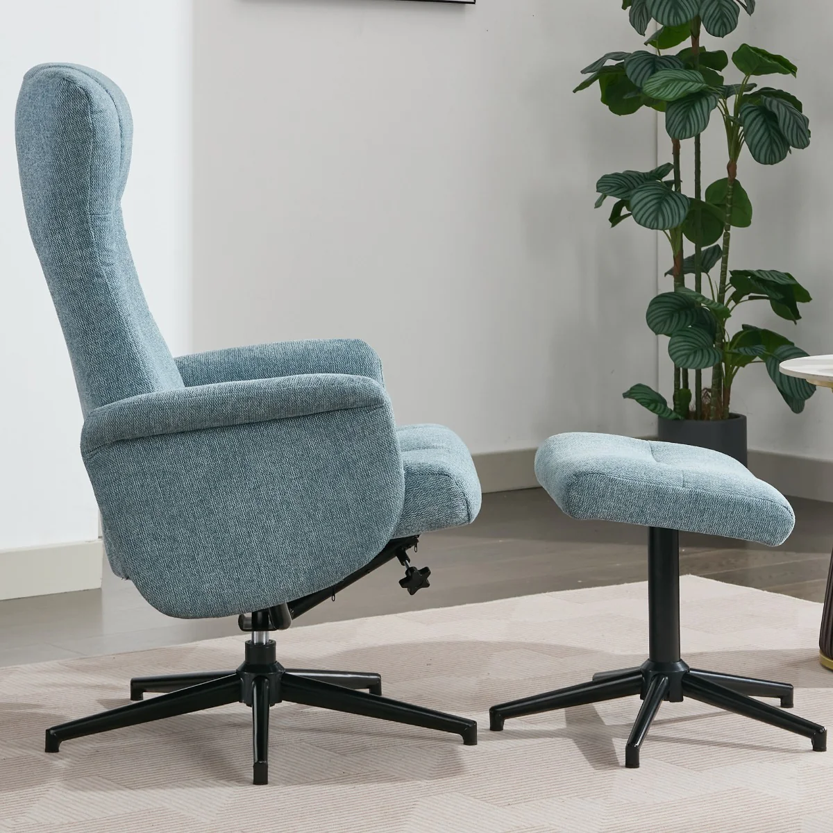 Apero TV Chair & Stool – Ice Blue Fabric with Push-Back Recliner - Image 2