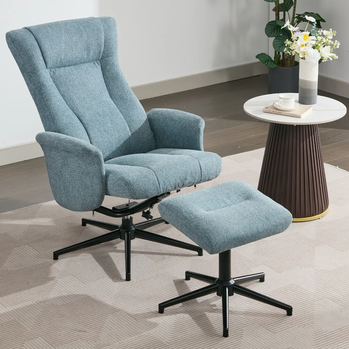 Apero TV Chair & Stool – Ice Blue Fabric with Push-Back Recliner - Image 3