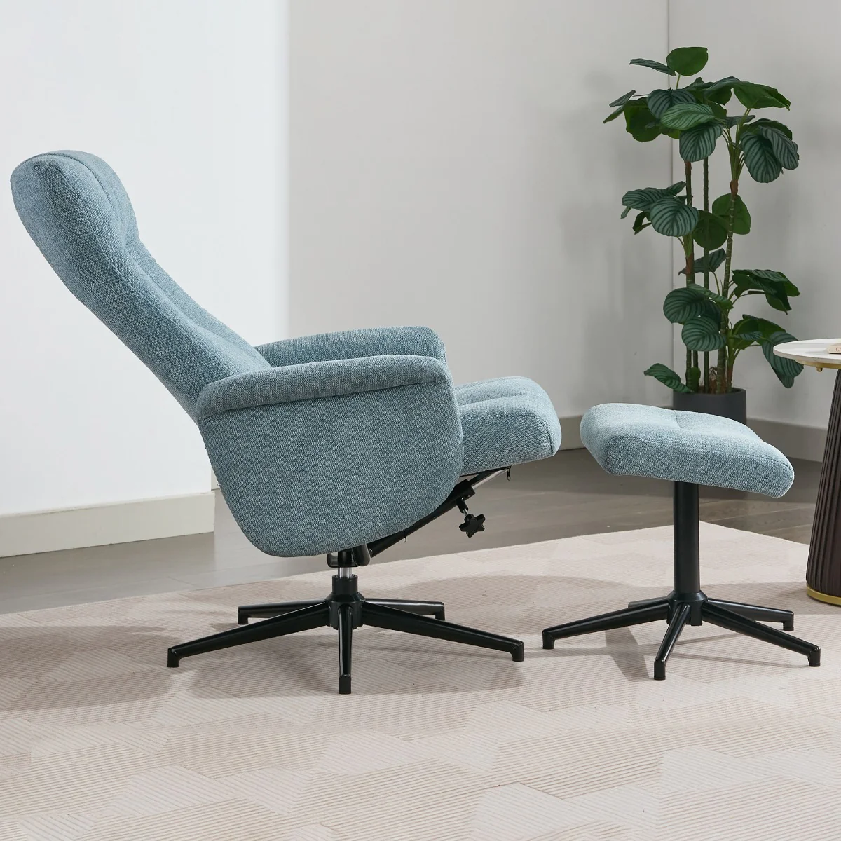 Apero TV Chair & Stool – Ice Blue Fabric with Push-Back Recliner - Image 4