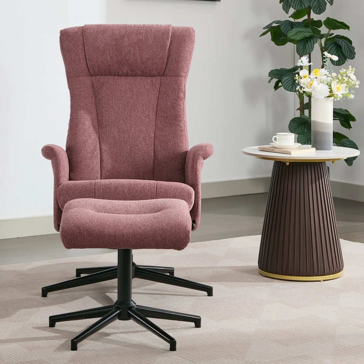 Apero TV Chair & Stool – Rose Fabric with Push-Back Recliner