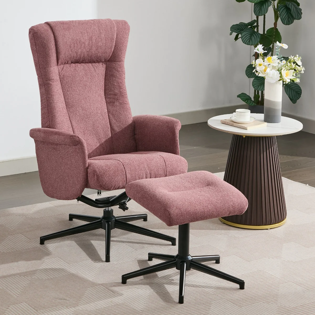 Apero TV Chair & Stool – Rose Fabric with Push-Back Recliner - Image 4