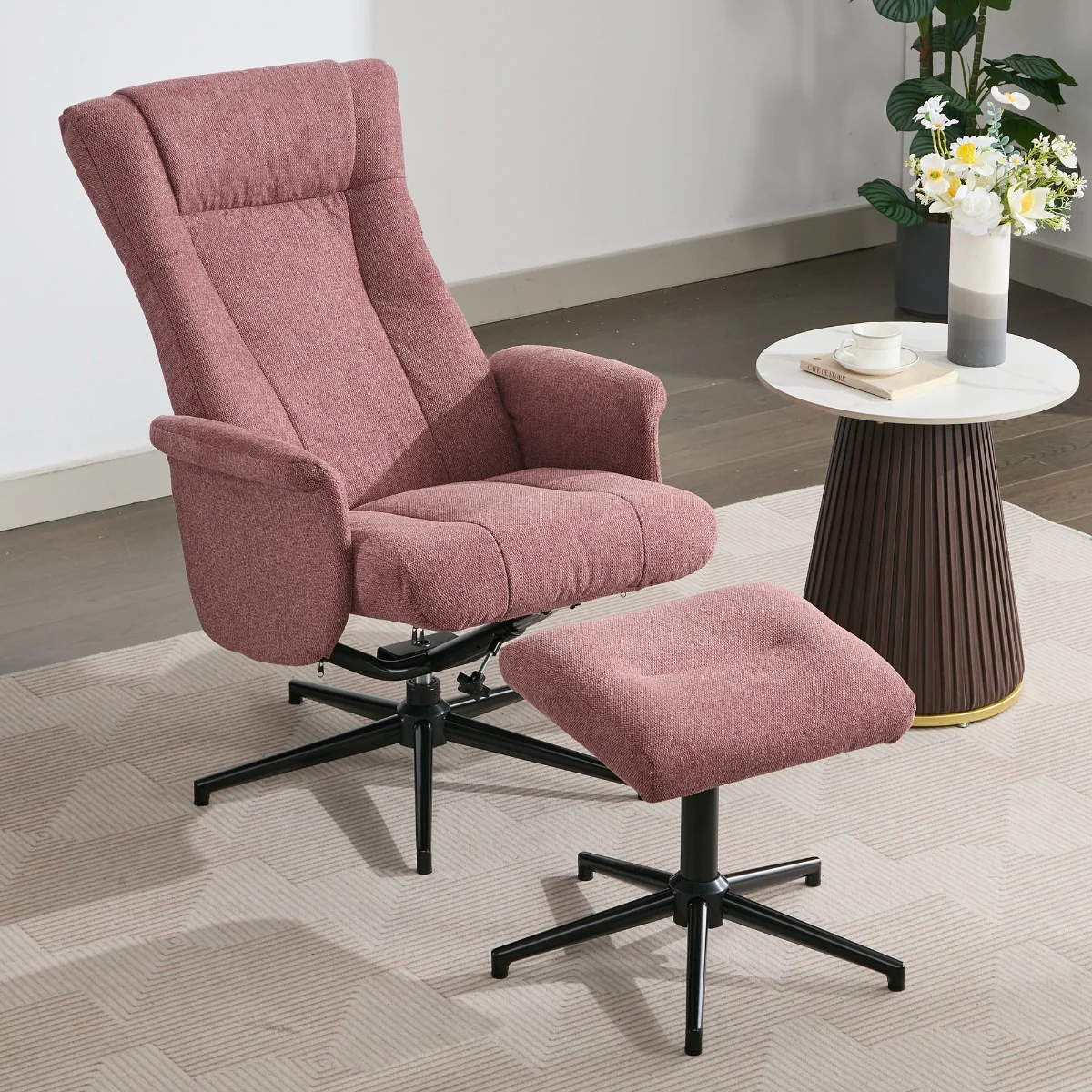 Apero TV Chair & Stool – Rose Fabric with Push-Back Recliner - Image 5