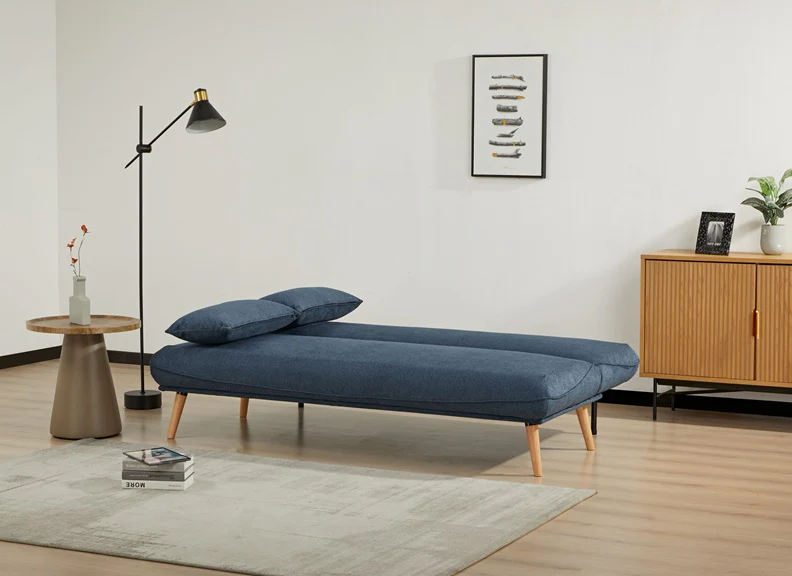 Arga Blue Sofa Bed – Versatile Fabric Design with Bolster Cushions