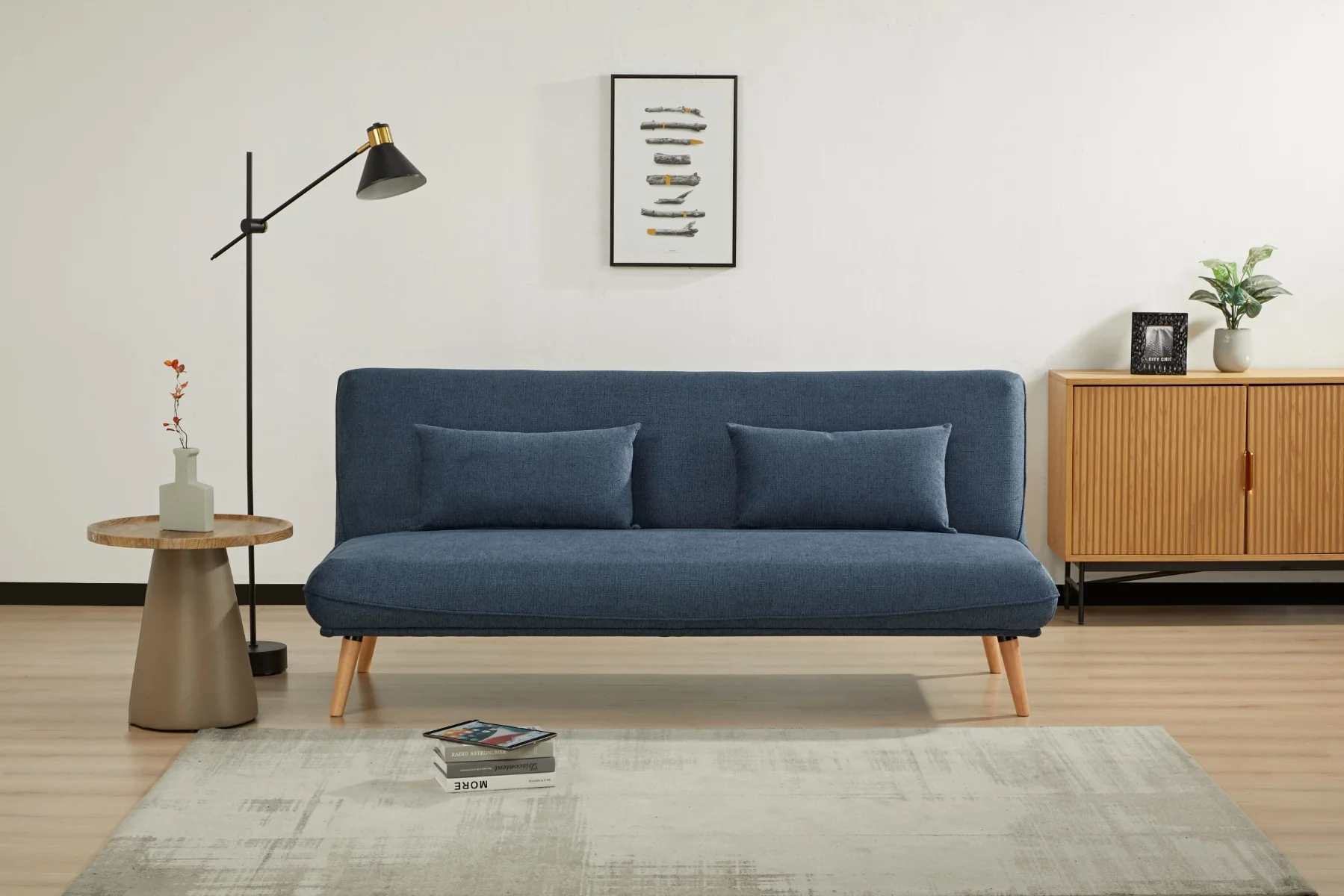 Arga Blue Sofa Bed – Versatile Fabric Design with Bolster Cushions - Image 2