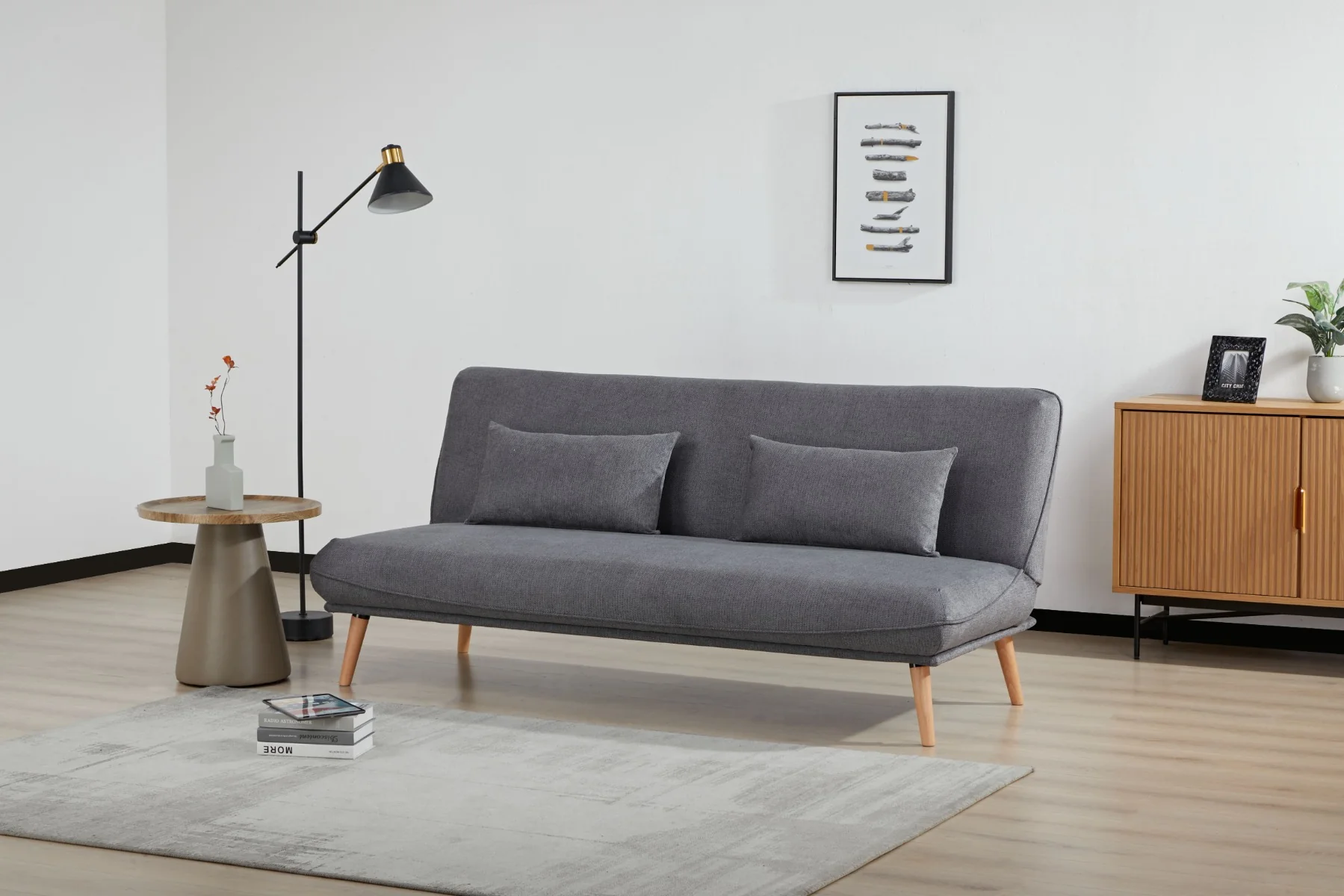 Arga Grey Sofa Bed – Versatile Fabric Design with Bolster Cushions - Image 3