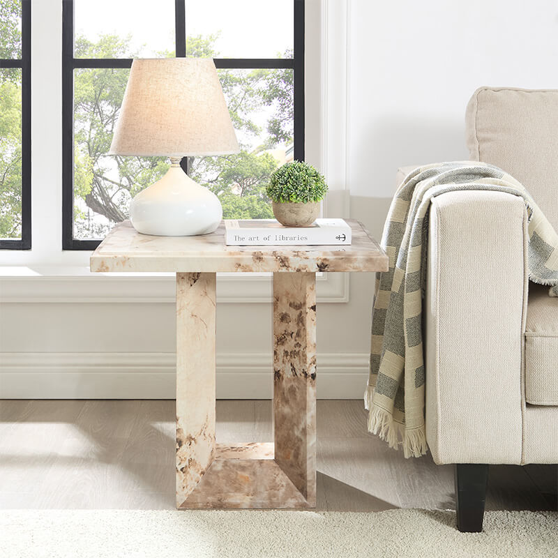 Artemis Lamp Table – Mottled Mocha Marble with High-Gloss Finish