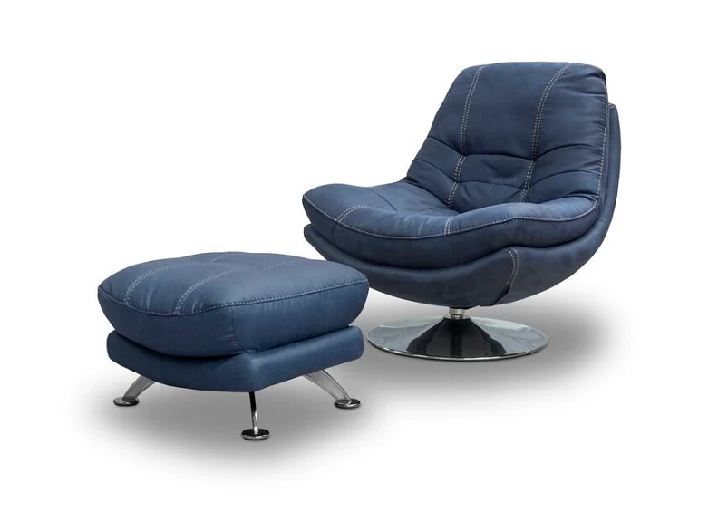 Axis Blue Denim Swivel Armchair – Polished Metal Base with Optional Stool - Image 3