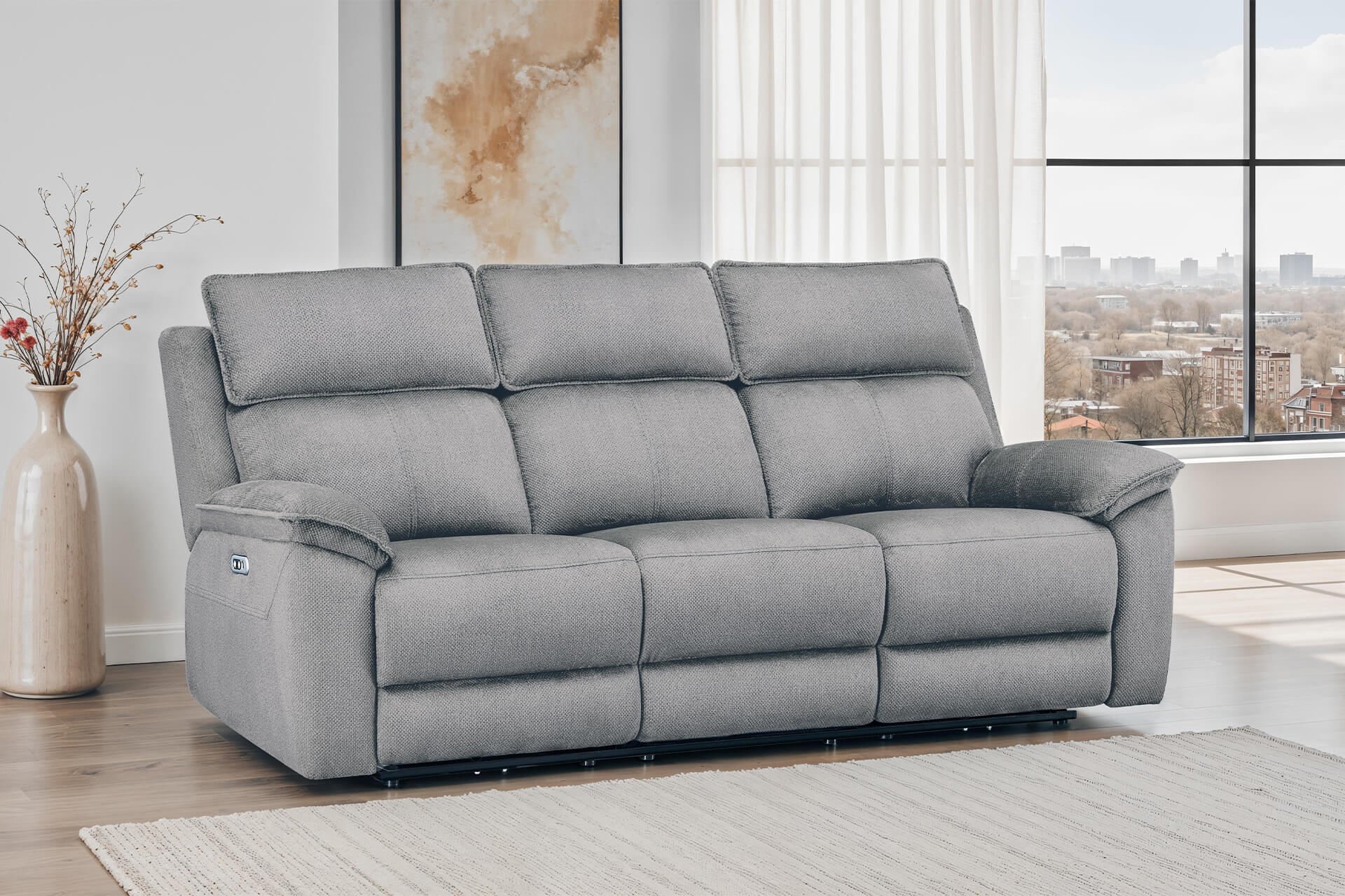 Blaine 3 Seater Electric Recliner – Greige Fabric with USB Ports - Image 2