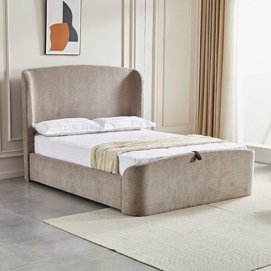 Blaire 4'6 Ottoman Bed – Beige Upholstered with Under-Bed Storage