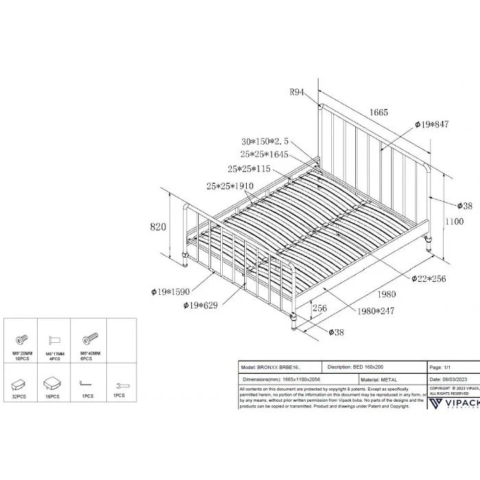 BRONXX Bed 160 x 200 cm – Metal Frame with Slatted Base in Matte Black - Image 5