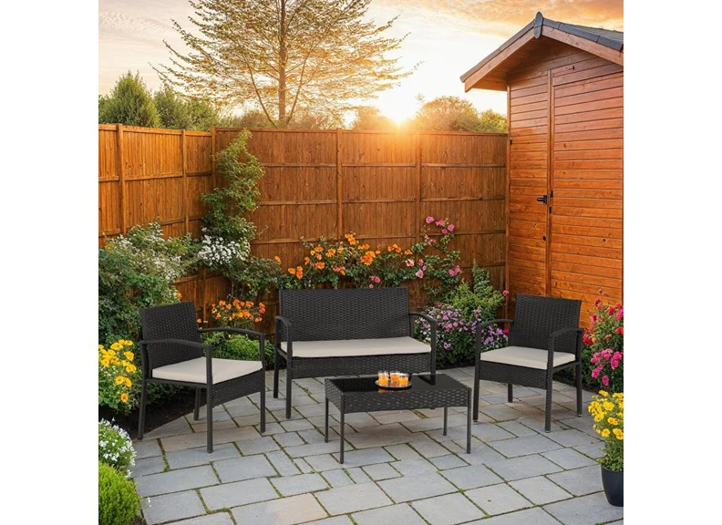 CEDAR 4 Piece Garden Set – Black Rattan with Grey Cushions and Glass Top - Image 8