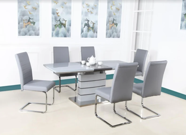 Chantelle Grey Extendable Dining Set – Glass Top with 6 PU Chairs