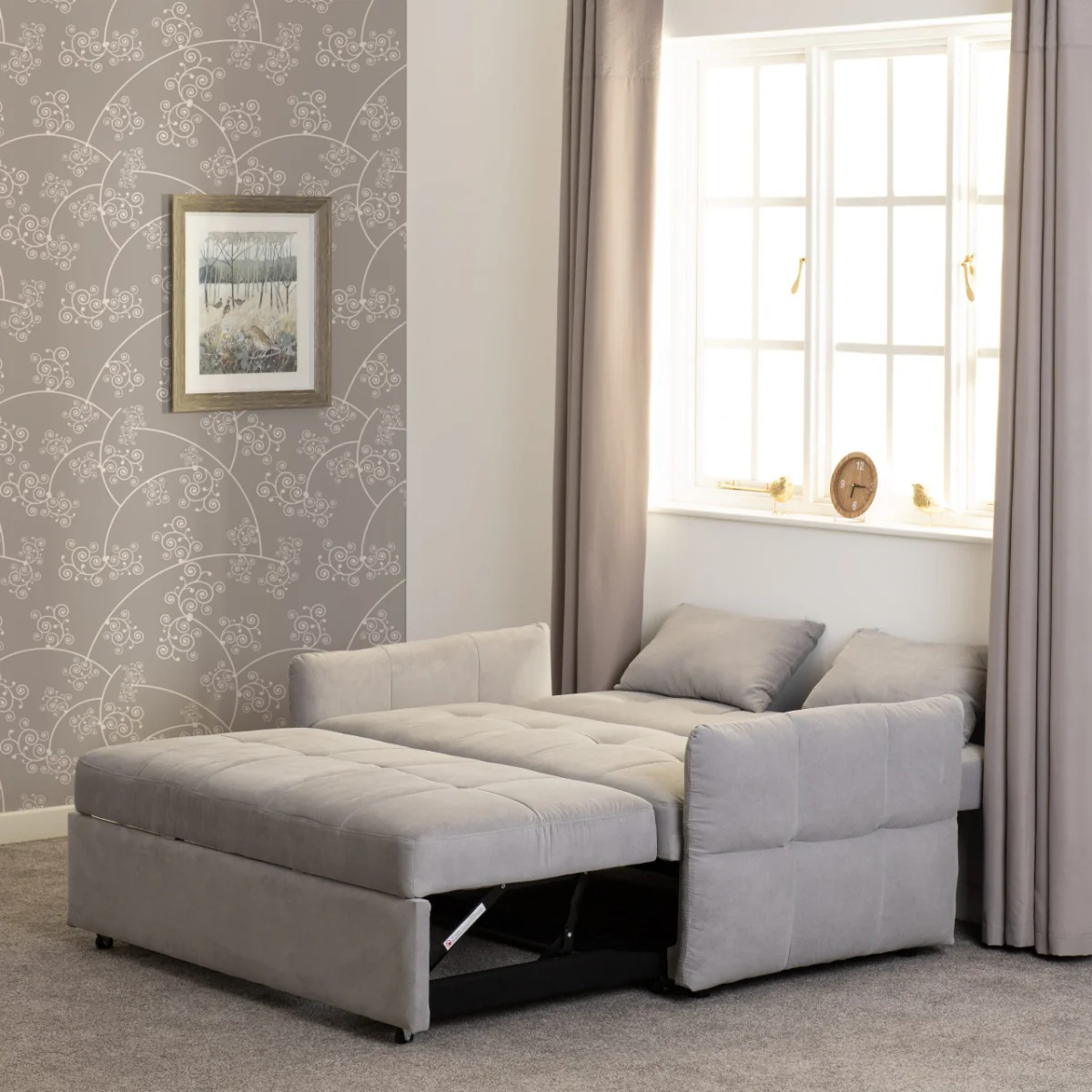 Chelsea Grey Sofa Bed – Silver Fabric with Scatter Cushions