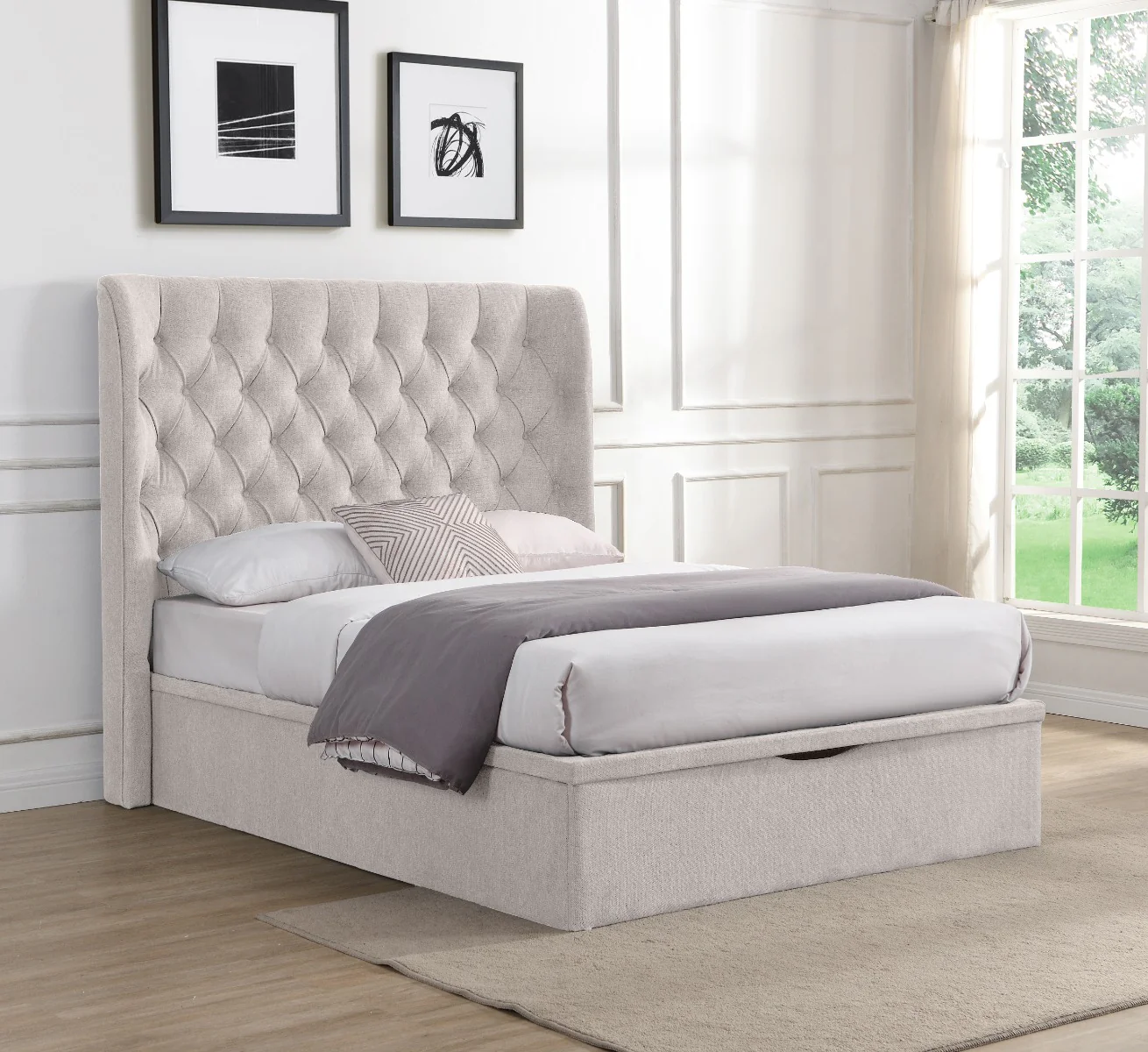 Clara 4'6 Bed – Beige Gas Lift Storage with High Headboard
