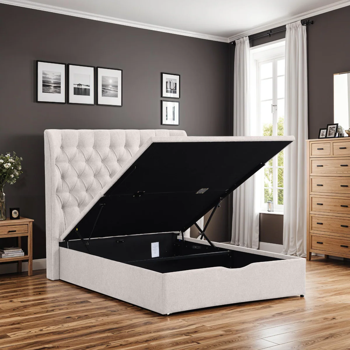 Clara 5ft Bed – Beige Gas Lift Storage Frame - Image 6