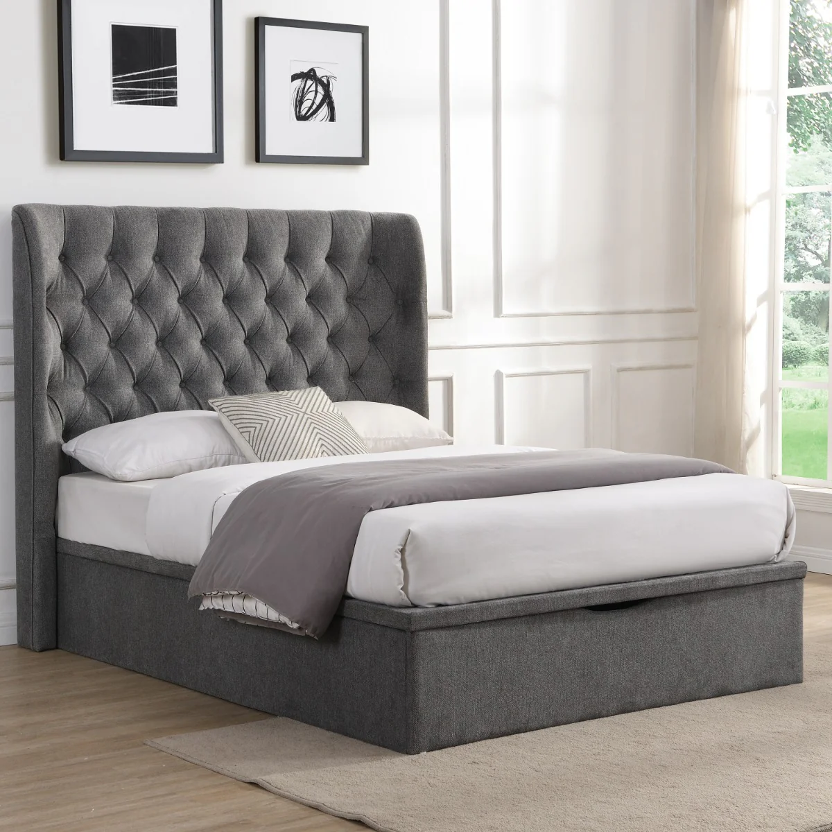 Clara 5ft Bed – Grey Gas Lift Storage Frame with High Headboard