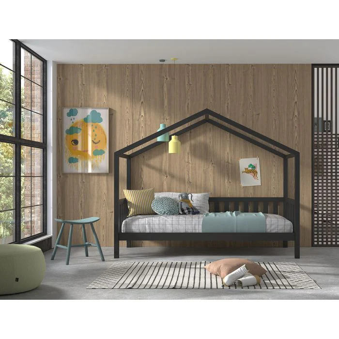 DALLAS House Bed with Fence 90 x 200 cm – Anthracite Solid Pine Frame