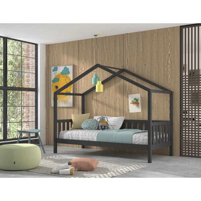 DALLAS House Bed with Fence 90 x 200 cm – Anthracite Solid Pine Frame - Image 2