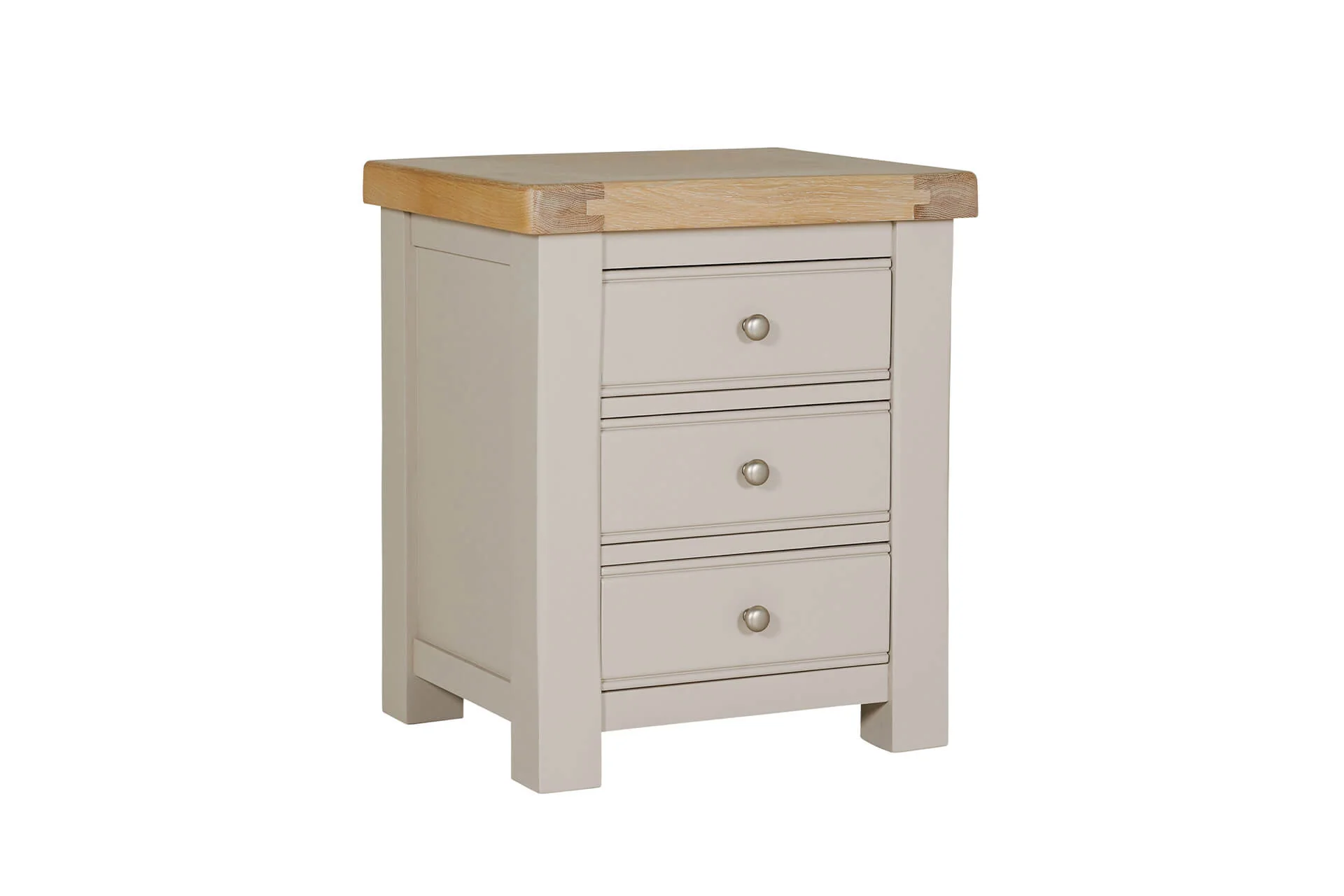 Doune 3 Drawer Bedside Table – Taupe with Oak Veneer Top - Image 3