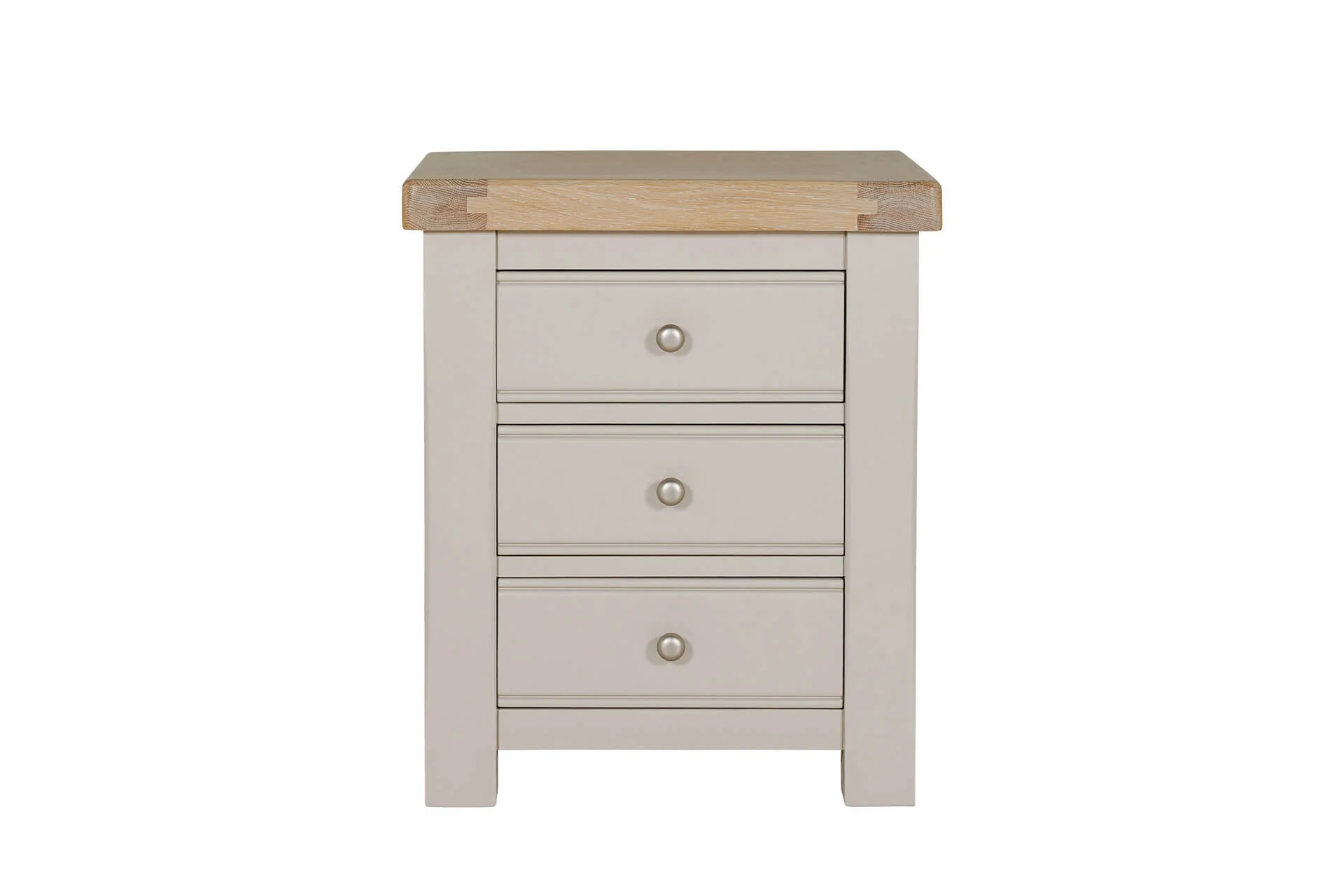 Doune 3 Drawer Bedside Table – Taupe with Oak Veneer Top - Image 4