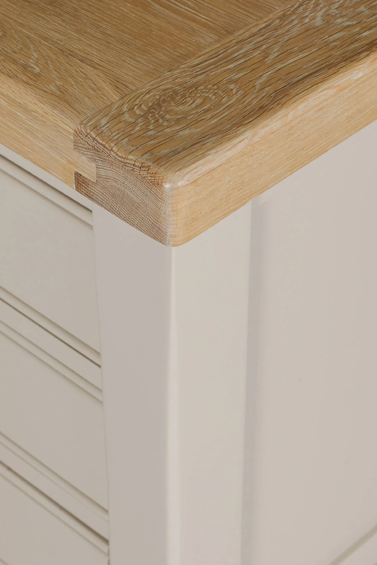 Doune 3 Drawer Bedside Table – Taupe with Oak Veneer Top - Image 9