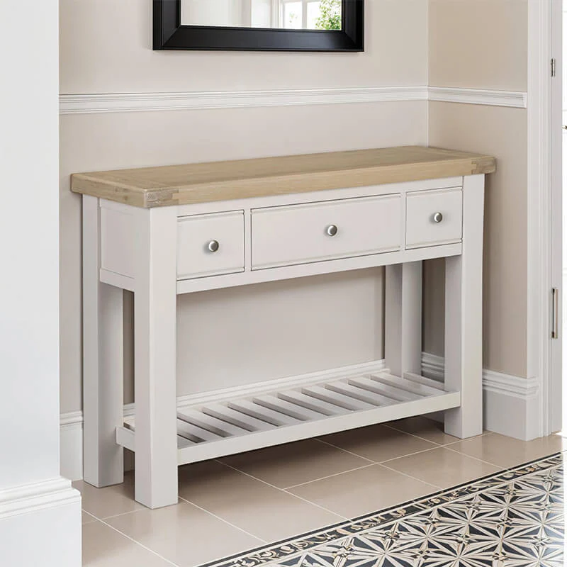 Doune Console Table – Taupe Finish with 3 Drawers (PRE-ORDER FOR AUGUST)