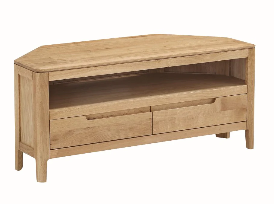 Dunmore Oak Corner TV Unit – Pale Oak with Two Drawers (Pre-order June)
