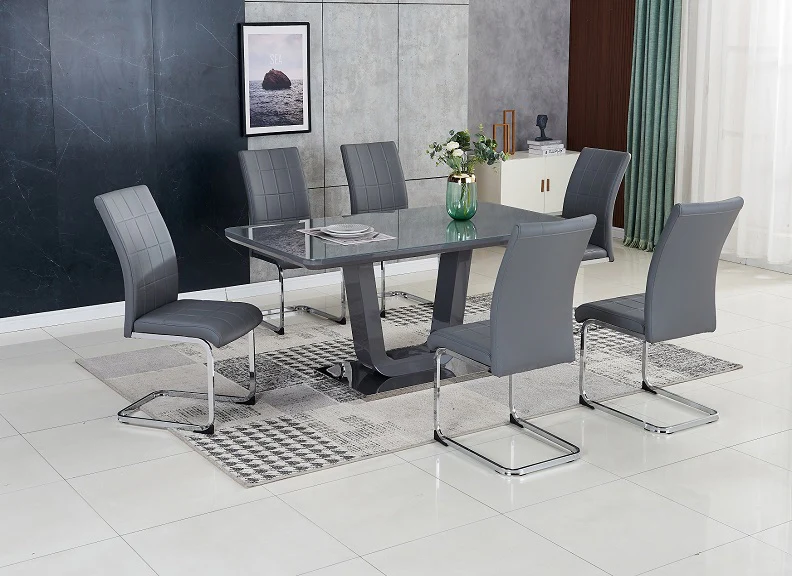 Edel Grey 5 ft Dining Set – Glass Top with 6 PU Chairs