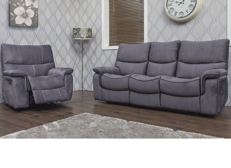 Emilio Grey Fabric Recliner Suite – 3-Seater Sofa with Reclining Armchair