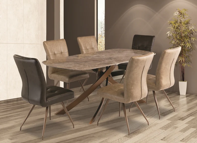 Fendi Dining Table – Brown Marble Effect with Brushed Brass X-Frame
