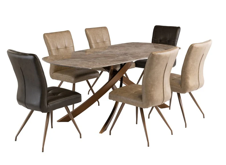 Fendi Dining Table – Brown Marble Effect with Brushed Brass X-Frame - Image 2