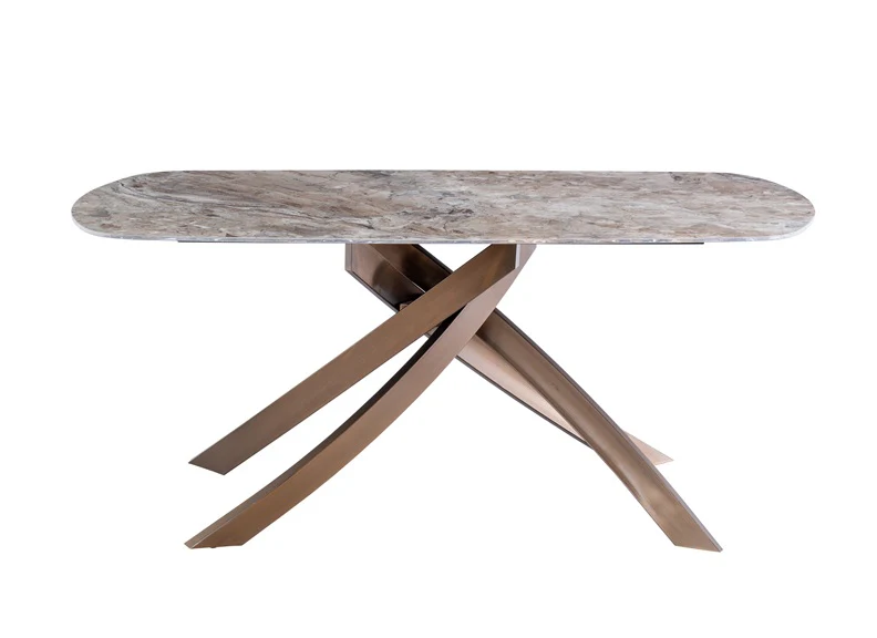 Fendi Dining Table – Brown Marble Effect with Brushed Brass X-Frame - Image 3