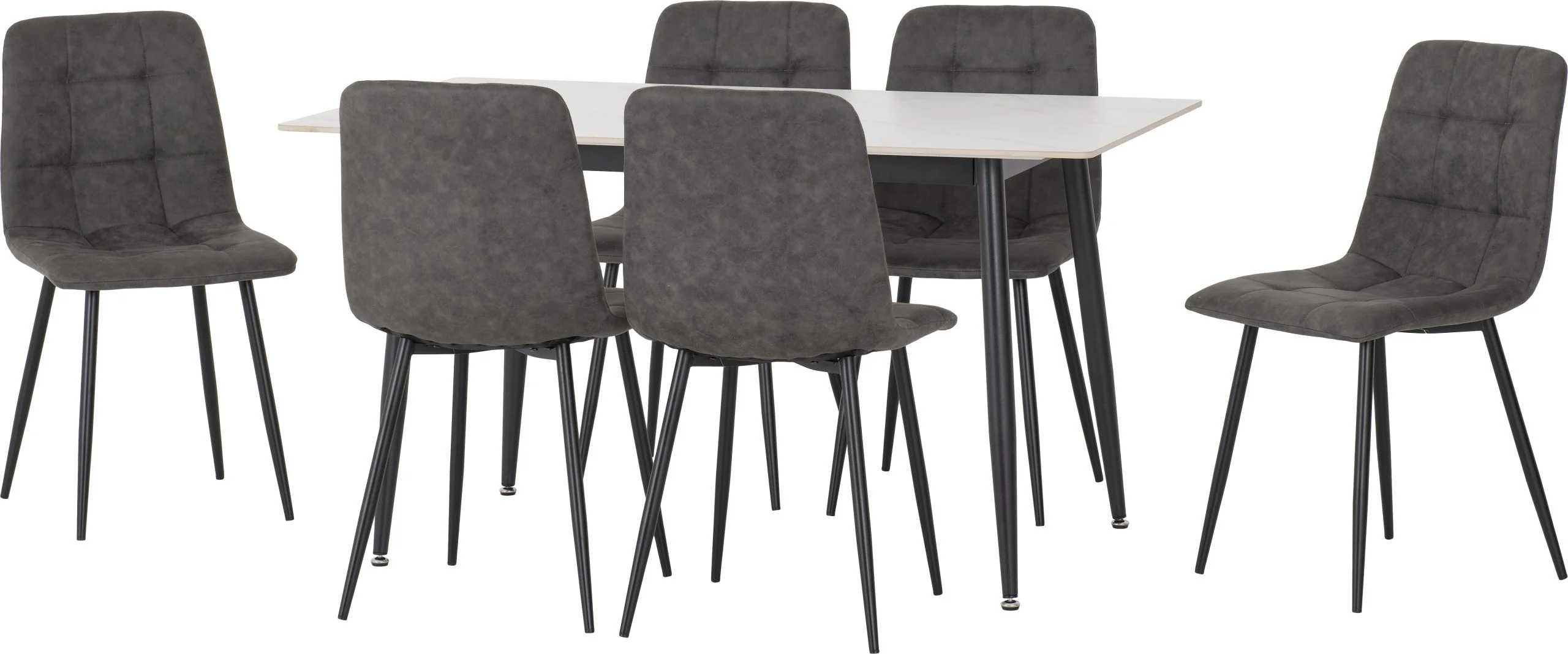 Fenton Dining Set – White Table with Dark Grey Suede Fabric (X6 CHAIRS)