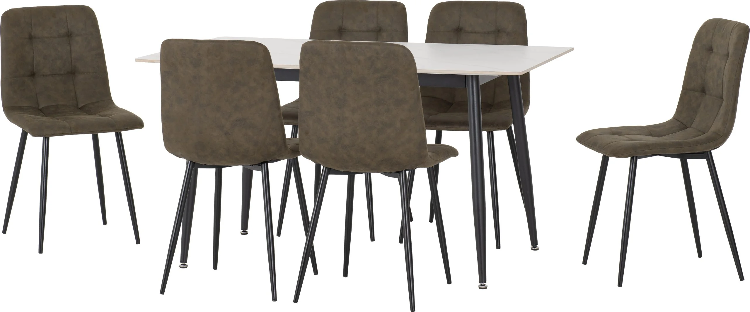 Fenton Dining Set – White Table with Olive Green Suede Fabric (X6 CHAIRS)