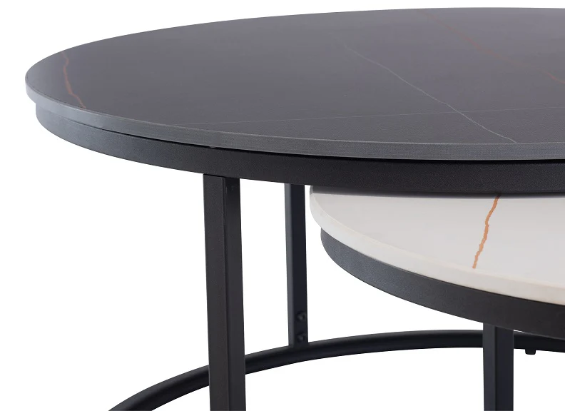Ferrante Round Nesting Coffee Tables Set – Black & White Stone Effect with Gold Inlays - Image 3