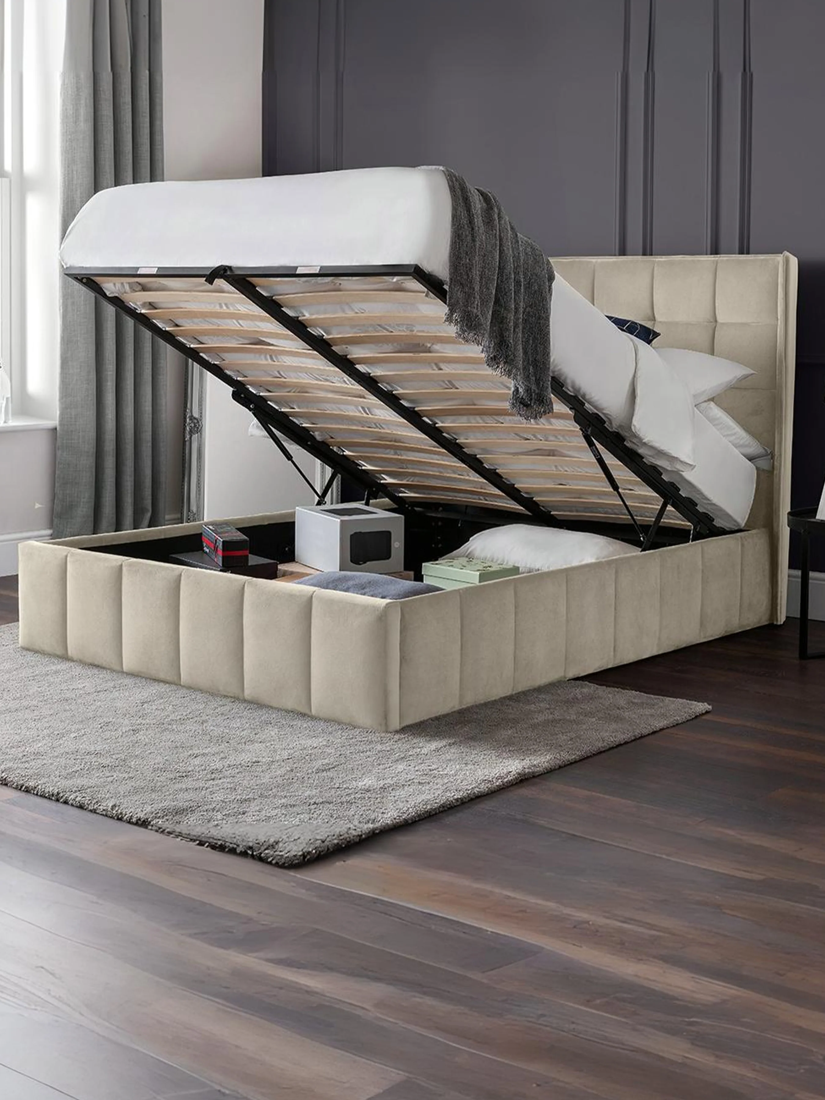 Gatsby Cream Velvet 150cm King Ottoman Storage Bed - Image 2