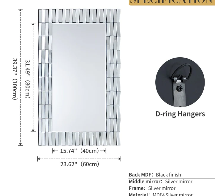 GD008 Mirror – Rectangular 100x60cm with 3D Border Design - Image 3