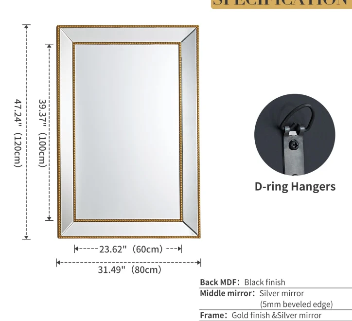 GD009 Mirror – 120x80cm with Gold Beaded Frame - Image 3