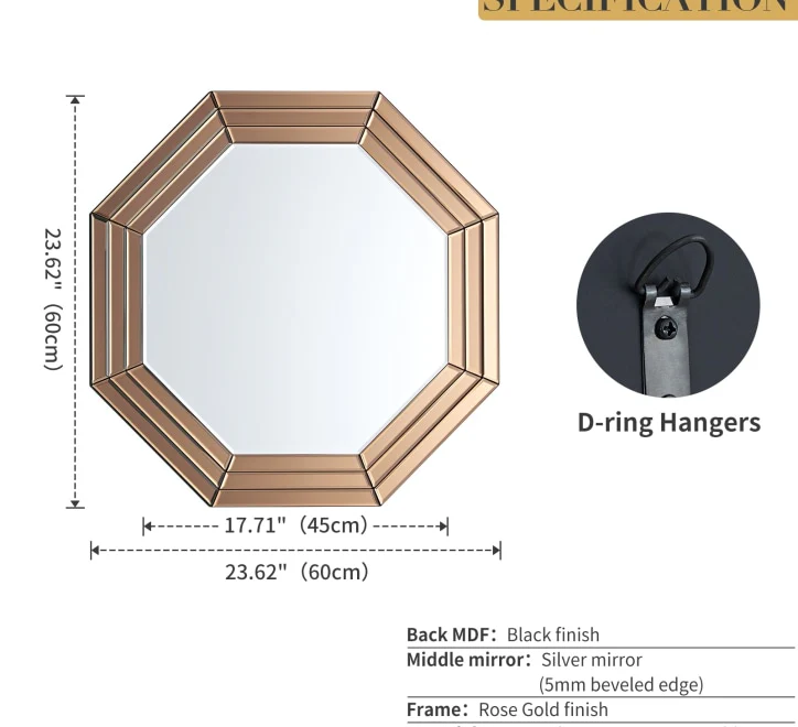 GD012 Octagonal Mirror – 60x60cm with Rose Gold Segments - Image 3
