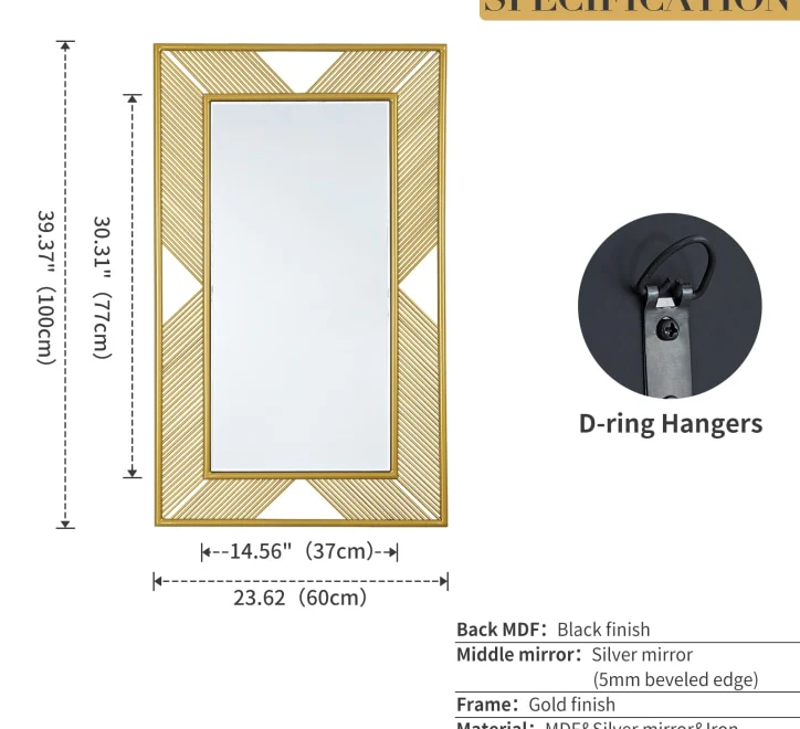 GD015 Mirror – 100x60cm Rectangular Design with Golden Bars - Image 3