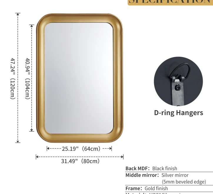 GD016 Rectangular Mirror – Gold Framed 120x80cm - Image 3
