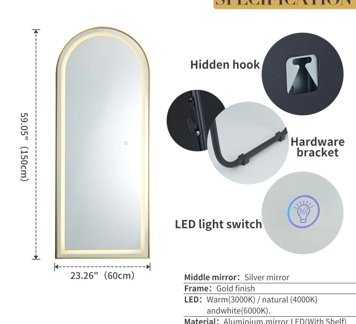 GD017 LED Mirror – Arched Design 150x60 cm with Colour-Changing Touch Switch - Image 3