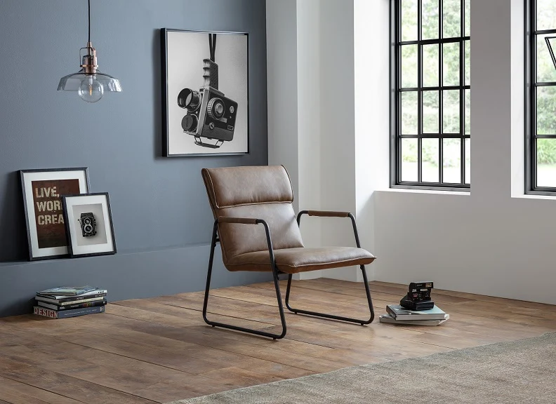 Gramercy Metal Frame Chair – Antique Brown Faux Leather Upholstery
