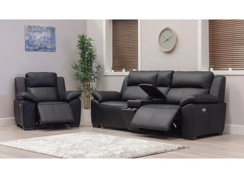 Griffin Black Full Leather Power Recliner 2.5 Seater Sofa - Optional Charging Console - Image 3