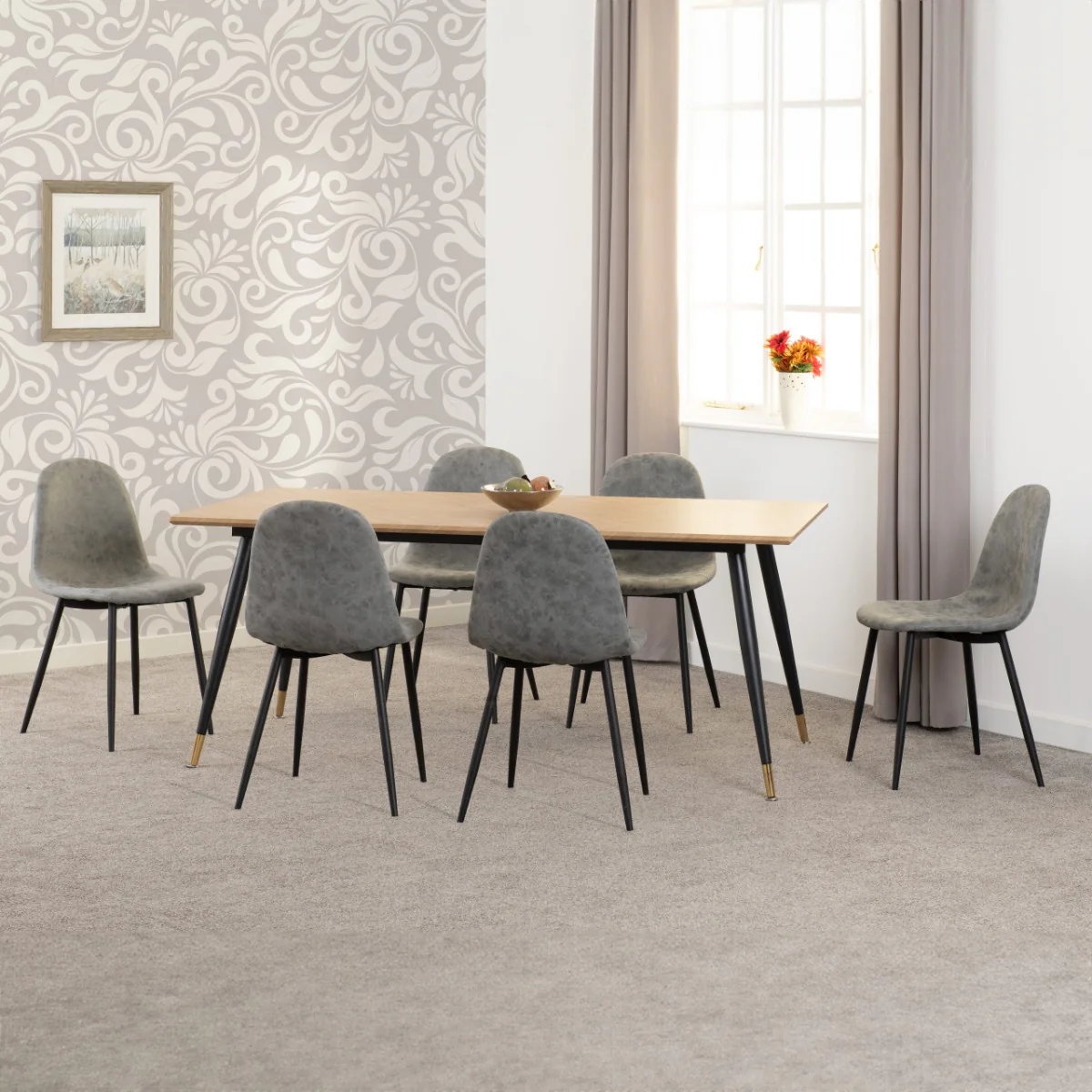 Hamilton Large Dining Set with Athens Chairs in Medium Oak Effect - Black & Grey Faux Leather