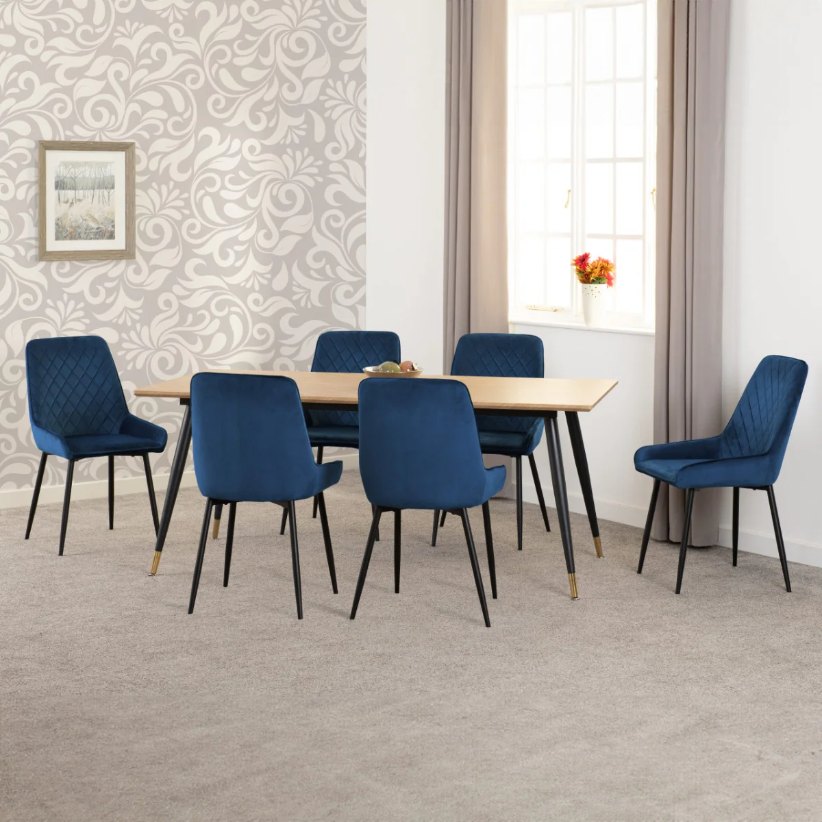 Hamilton Large Dining Set with Avery Chairs – Medium Oak Effect Table & Sapphire Blue Velvet
