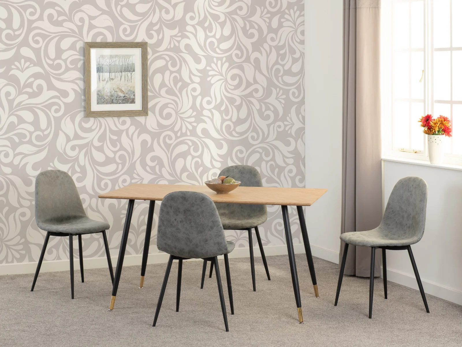 Hamilton Medium Dining Set with Athens Chairs in Medium Oak Effect - Black & Grey Faux Leather