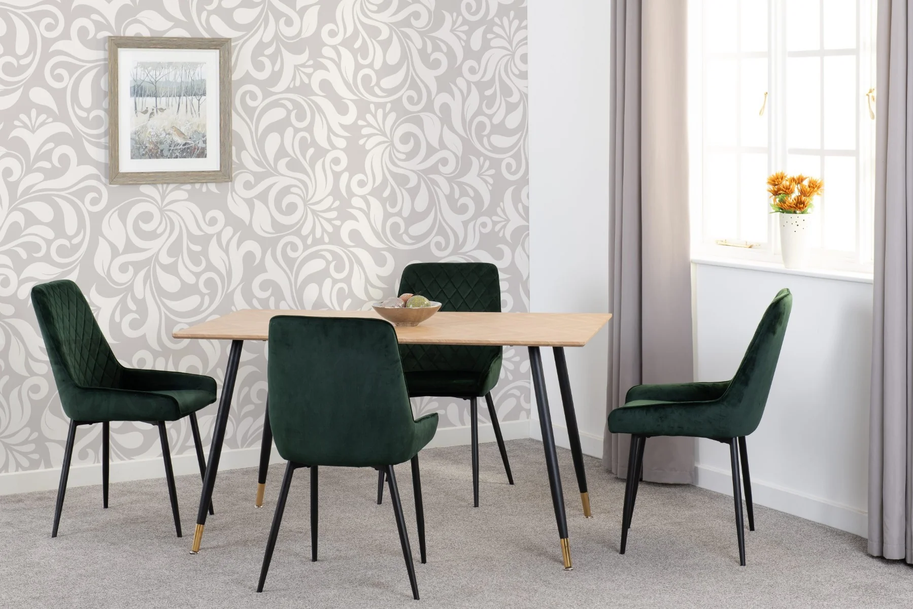 Hamilton Medium Dining Set with Avery Chairs in Medium Oak Effect - Black & Emerald Green Velvet